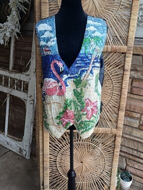 Vintage Fashion Fantasy Sequin Tropical Flamingo Vest - Multicolor Beach Scene_M